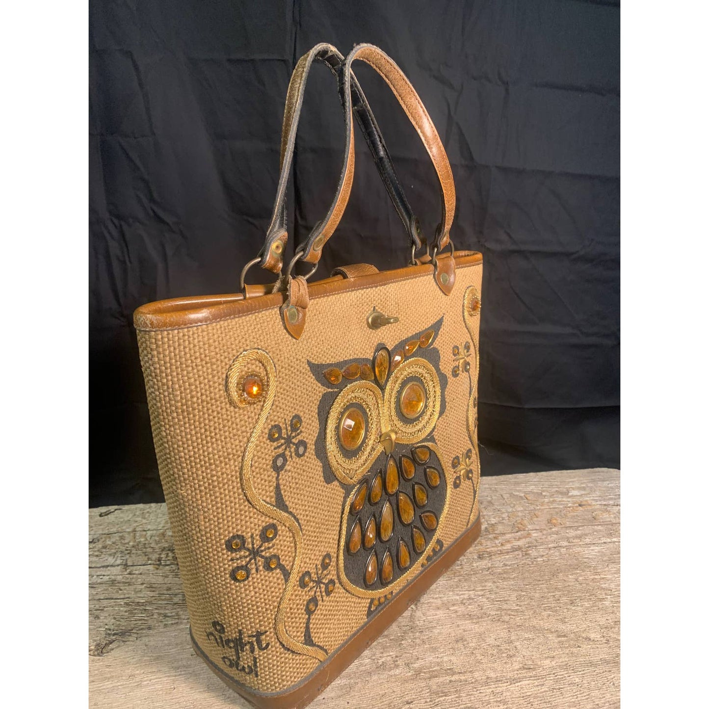 Vintage Enid Collins Bucket Purse "Night Owl" 1960's Canvas Leather Handbag