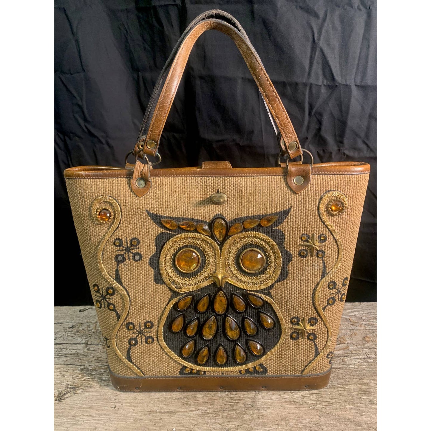 Vintage Enid Collins Bucket Purse "Night Owl" 1960's Canvas Leather Handbag