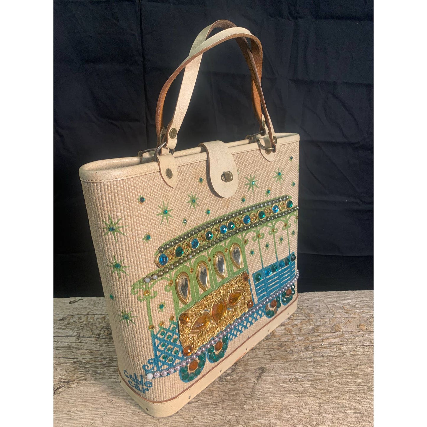 Vintage Enid Collins Bucket Purse "Cable Car" 1960's Canvas Leather Turquoise & Gold