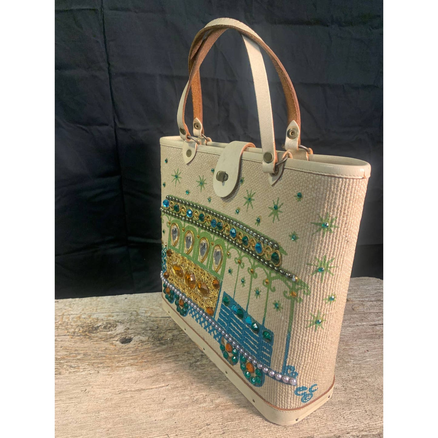 Vintage Enid Collins Bucket Purse "Cable Car" 1960's Canvas Leather Turquoise & Gold