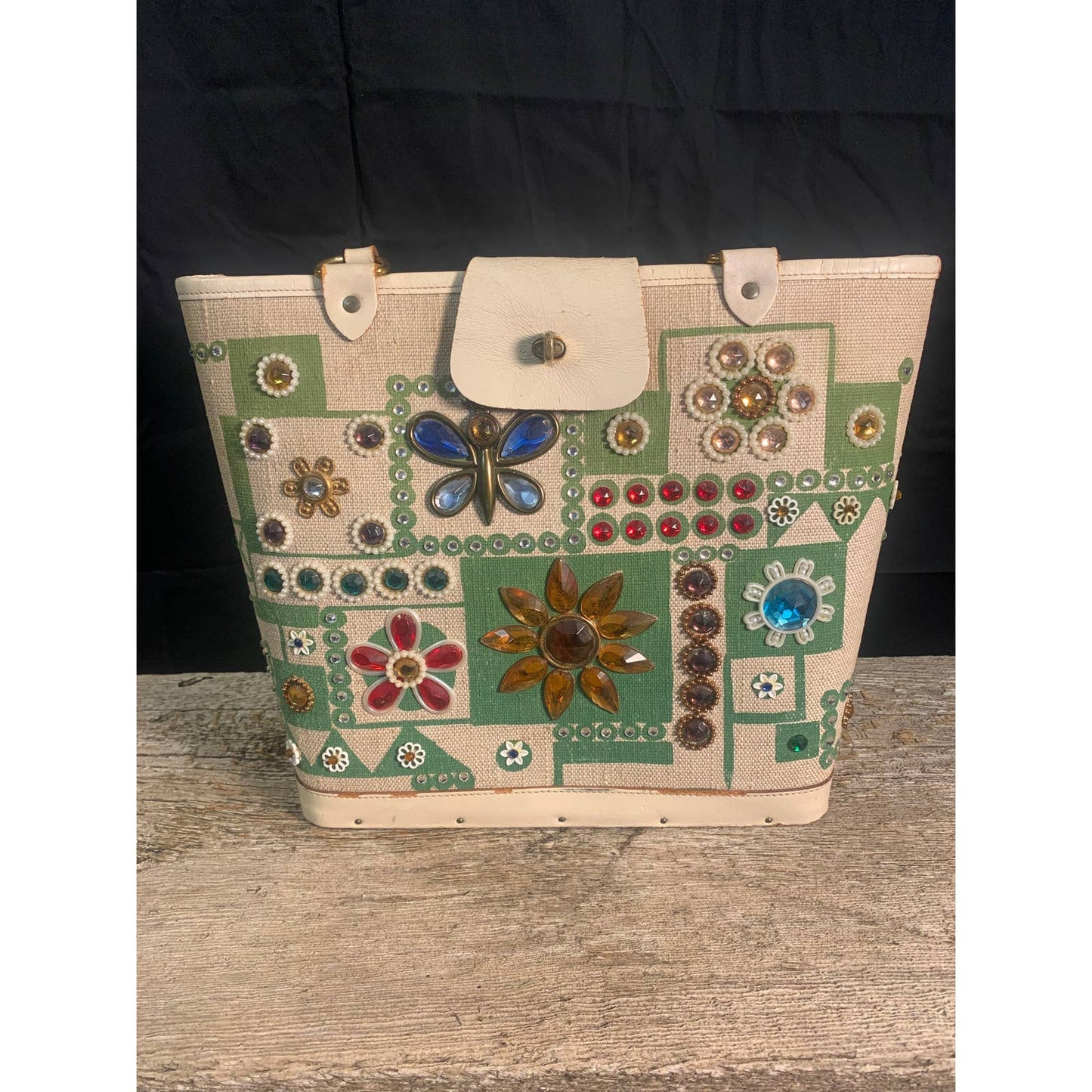 Vintage Enid Collins Bucket Purse "Jewel Patch" 1960's Canvas Leather