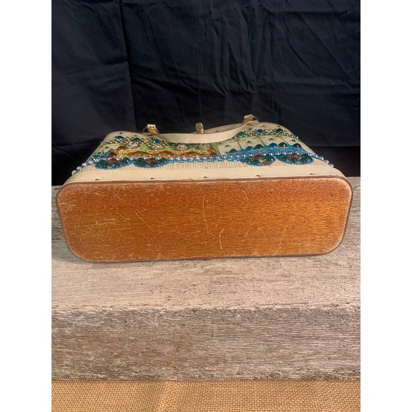Vintage Enid Collins Bucket Purse "Cable Car" 1960's Canvas Leather Turquoise & Gold