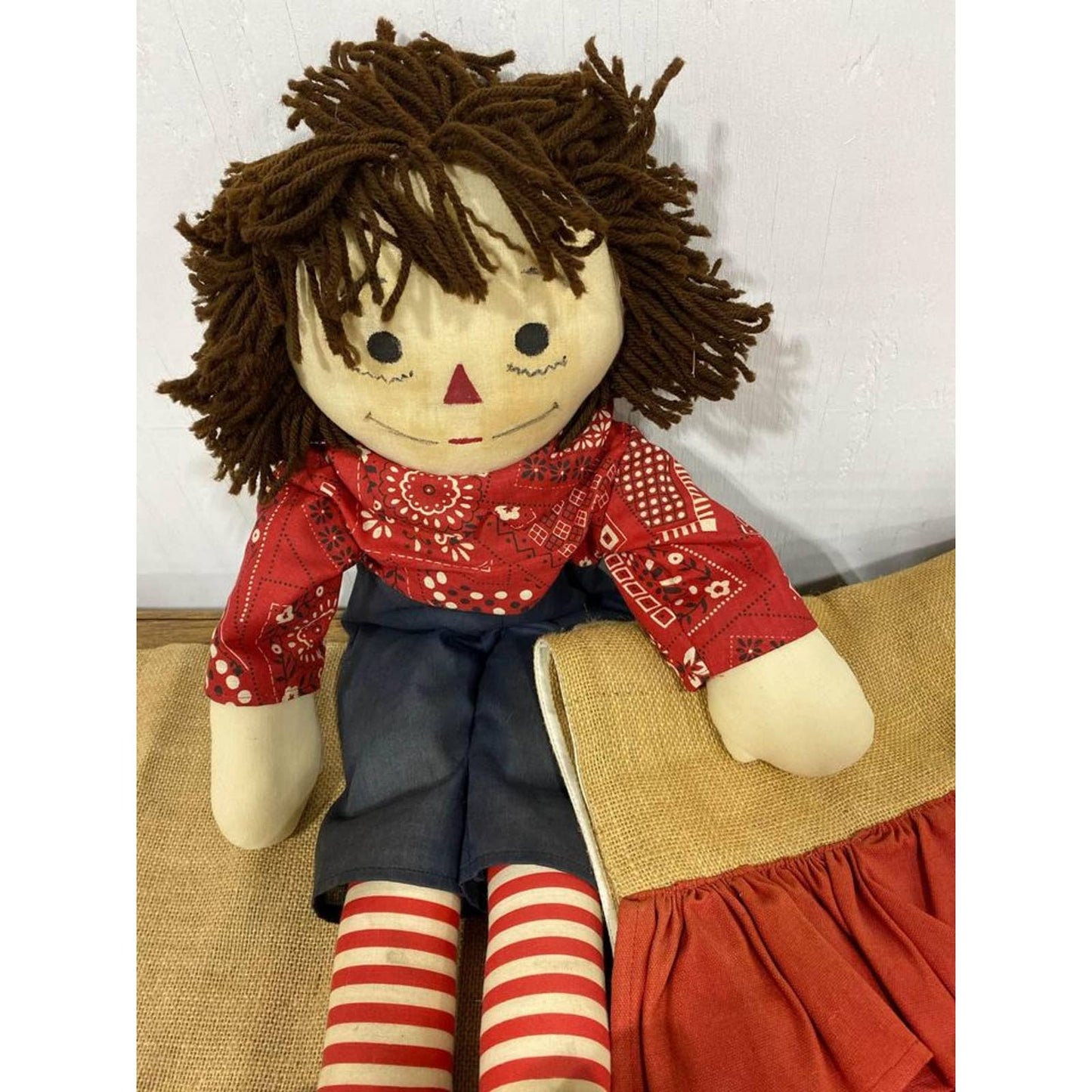 Vintage Raggedy Ann Doll And Burlap Runner