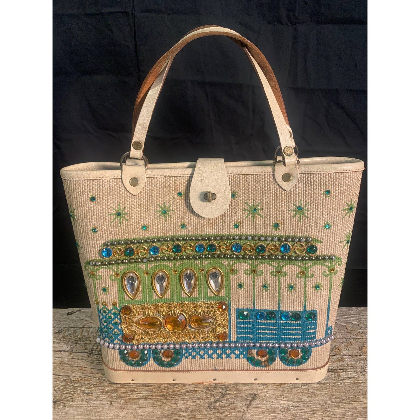Vintage Enid Collins Bucket Purse "Cable Car" 1960's Canvas Leather Turquoise & Gold