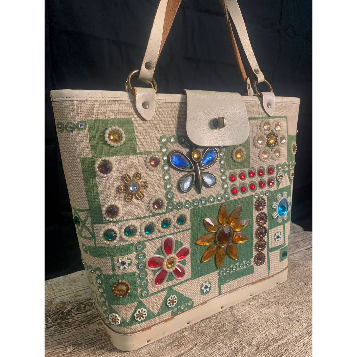 Vintage Enid Collins Bucket Purse "Jewel Patch" 1960's Canvas Leather