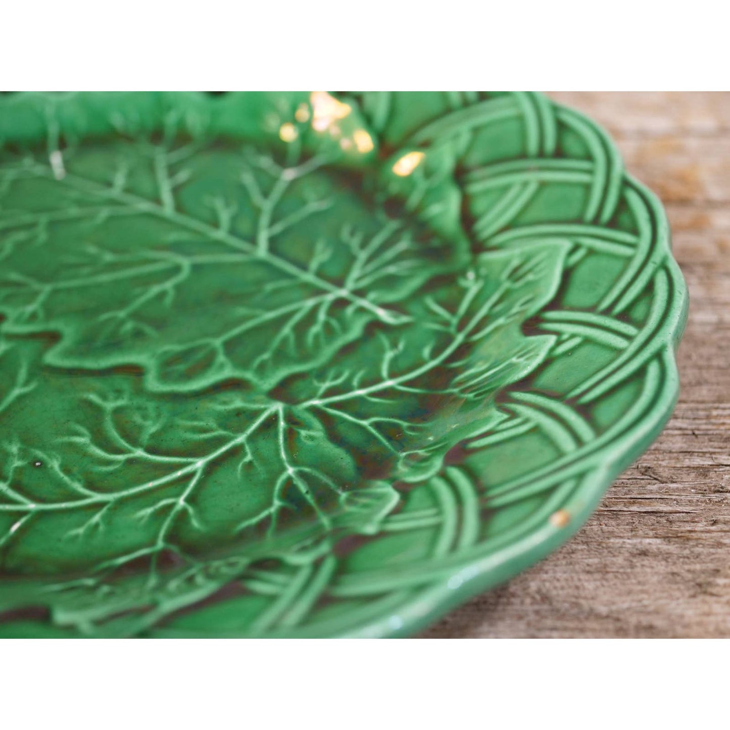 Antique England Majolica Set of 2 Green Basket Weave Leaf Plates