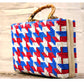 Vintage Vinyl Woven Box Bag with Bamboo Handles - Red White and Blue