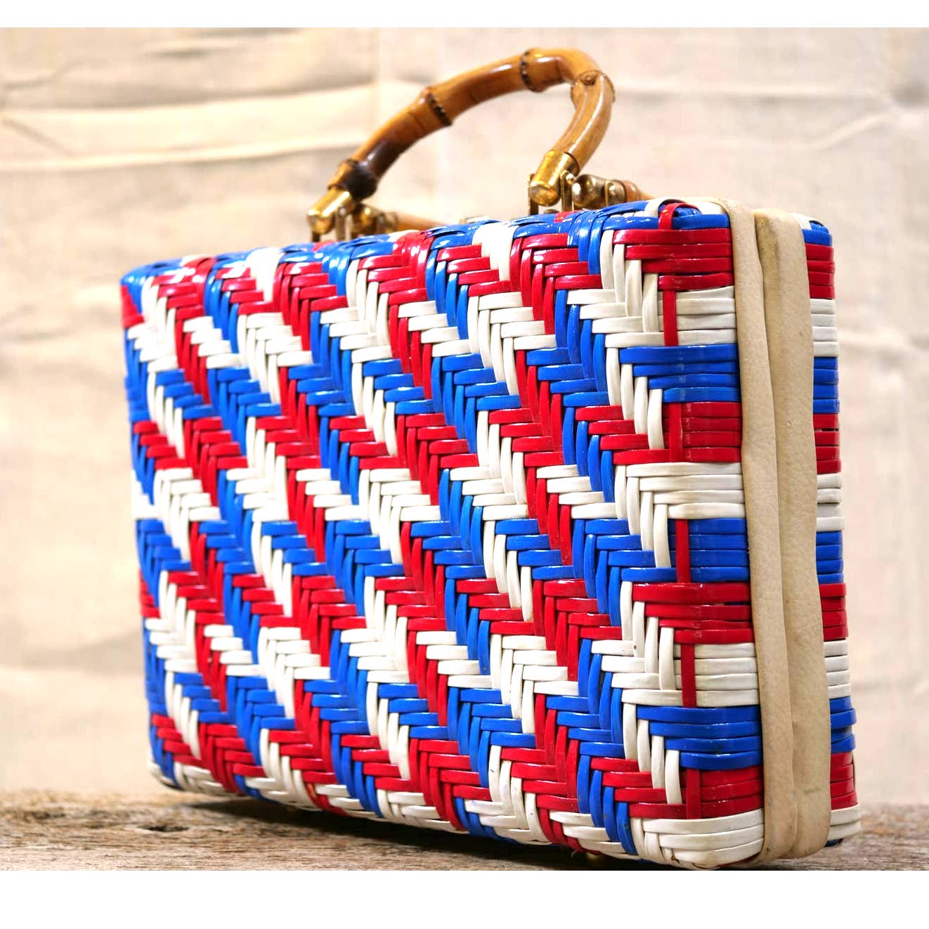 Vintage Vinyl Woven Box Bag with Bamboo Handles - Red White and Blue