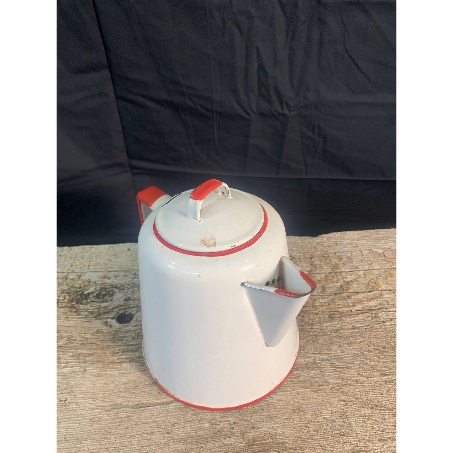 Vintage White and Red Granite Ware Coffee Pot