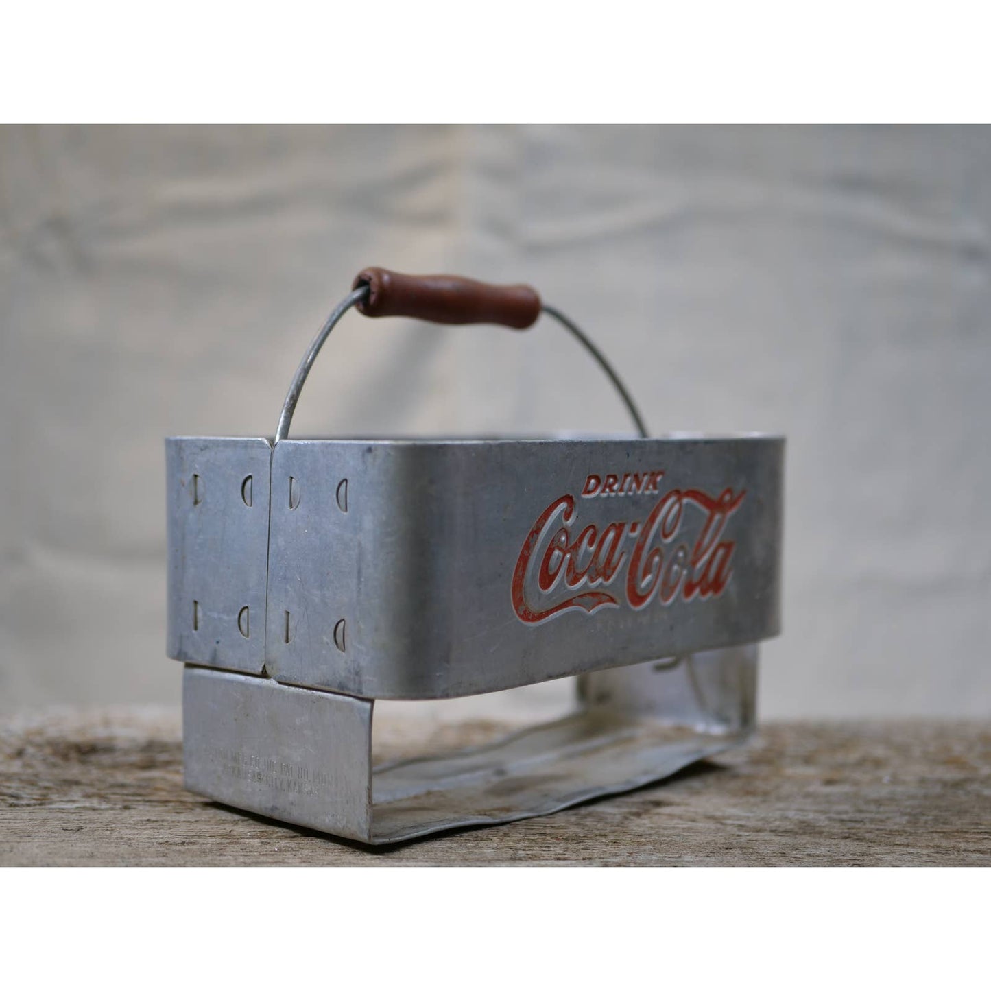 Vintage Coca-Cola Bottle Carrier - Aluminum with Red Logo and Wooden Handle