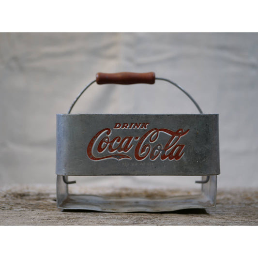 Vintage Coca-Cola Bottle Carrier - Aluminum with Red Logo and Wooden Handle