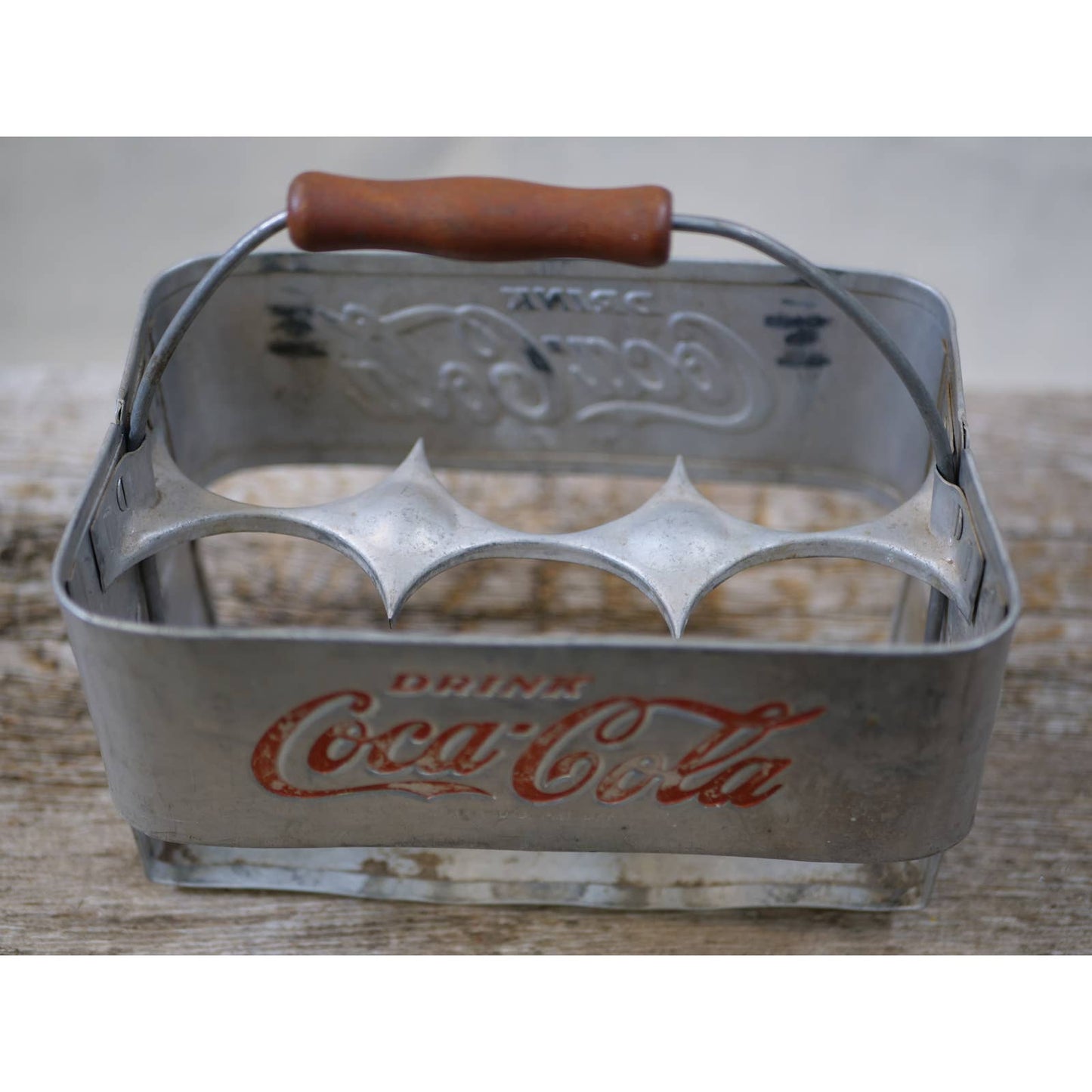 Vintage Coca-Cola Bottle Carrier - Aluminum with Red Logo and Wooden Handle