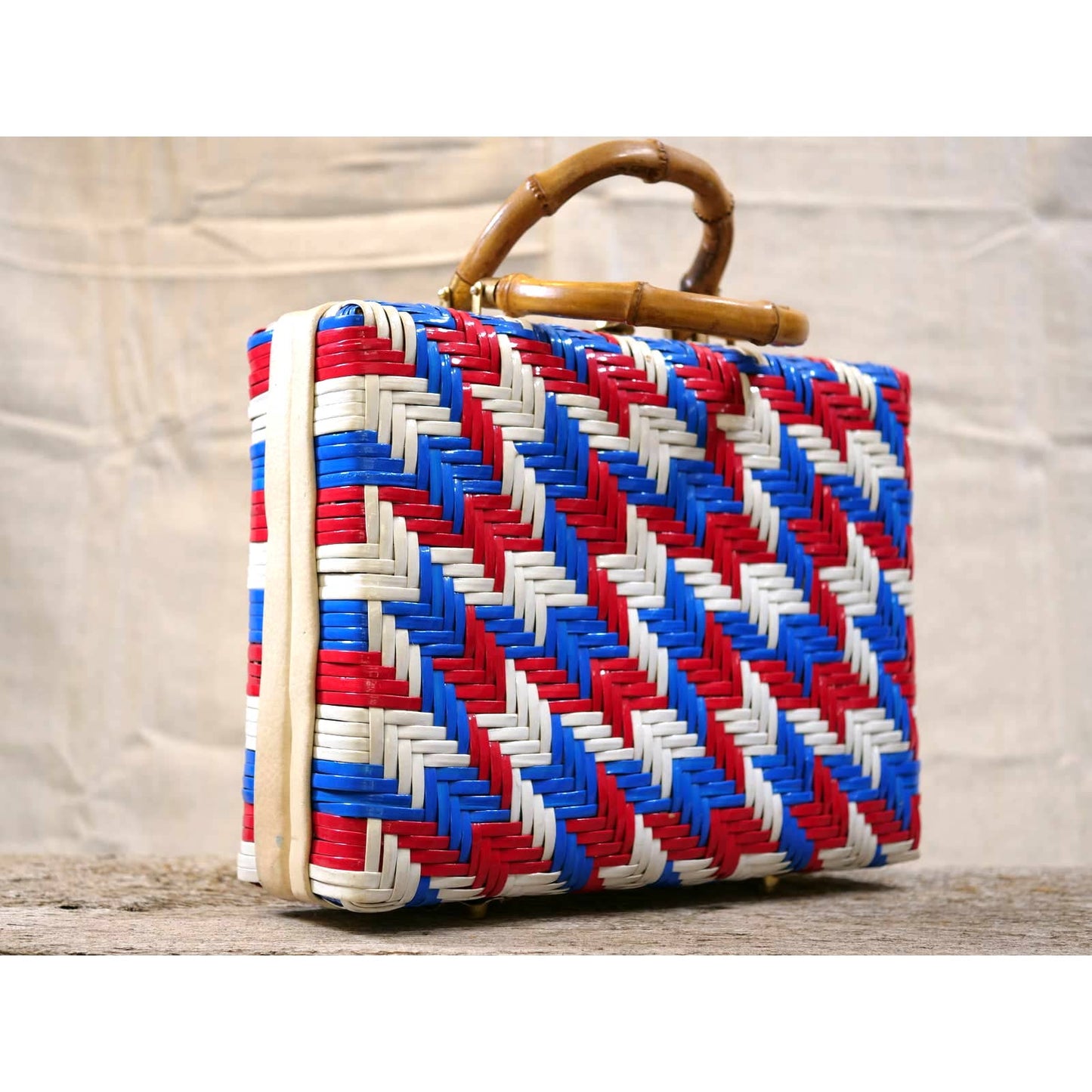 Vintage Vinyl Woven Box Bag with Bamboo Handles - Red White and Blue