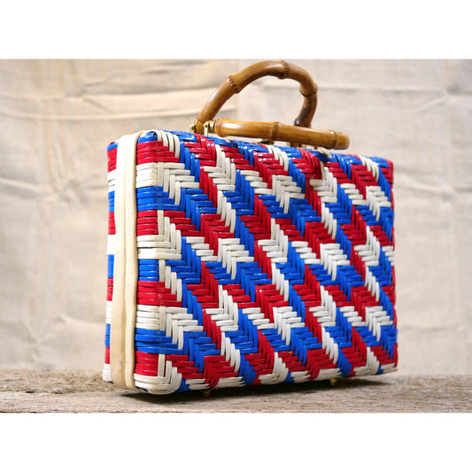 Vintage Vinyl Woven Box Bag with Bamboo Handles - Red White and Blue