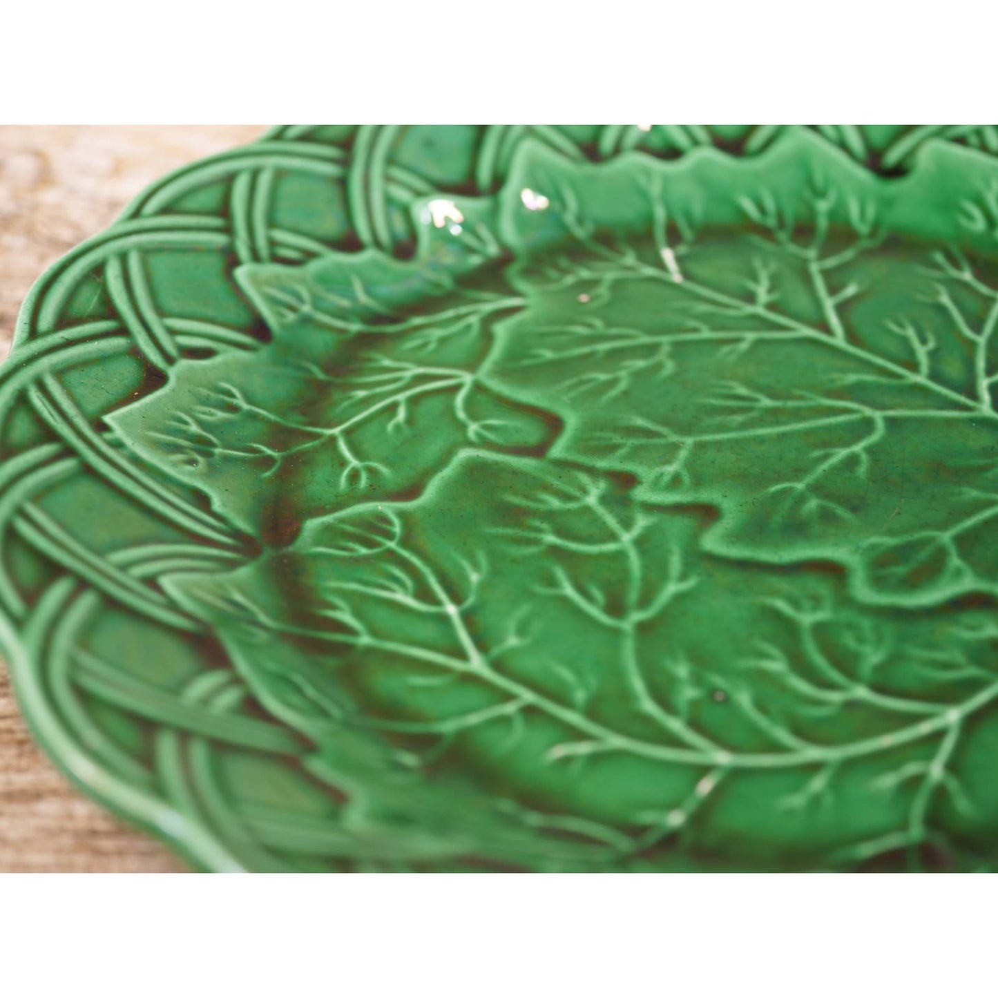 Antique England Majolica Set of 2 Green Basket Weave Leaf Plates