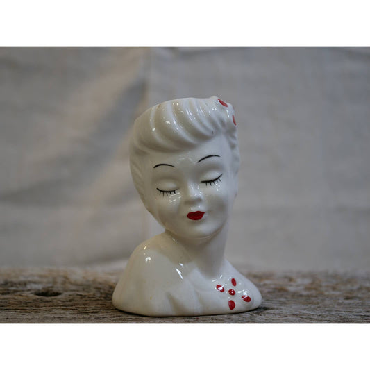 Vintage Glamour Girl Head Vase 1950’s Lady Head Rockabilly White and Red