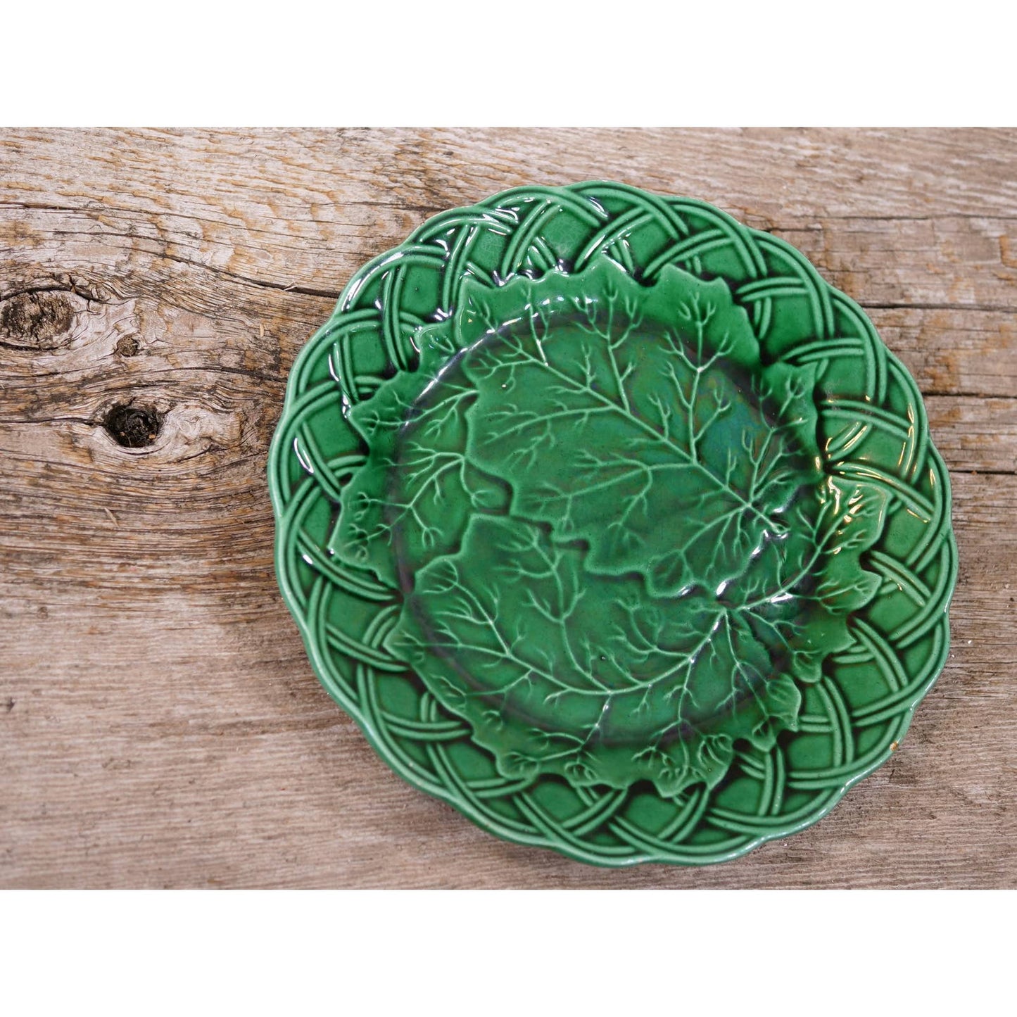 Antique England Majolica Set of 2 Green Basket Weave Leaf Plates