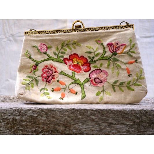 Vintage Crewel Embroidery Purse Bag Floral Handmade 70s Boho