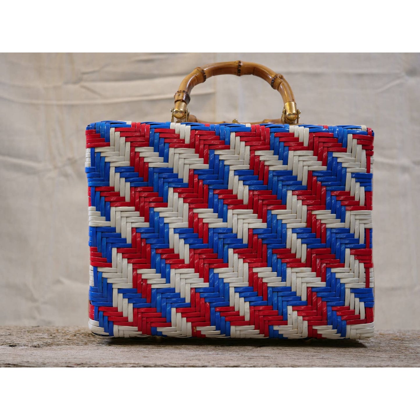 Vintage Vinyl Woven Box Bag with Bamboo Handles - Red White and Blue