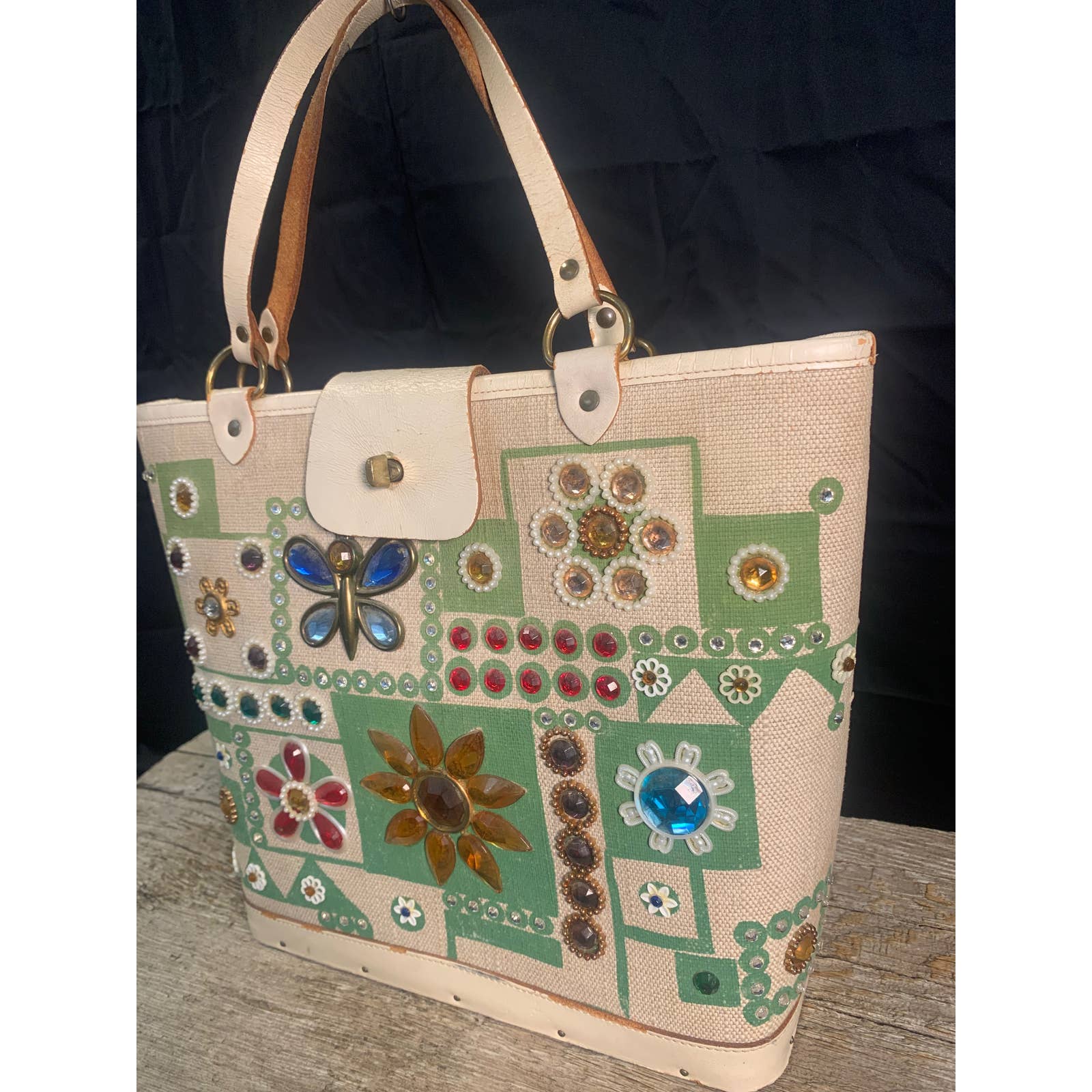 Vintage 1960's Enid Collins of Texas Flower Basket Jewel Canvas authentic Wood Handbag.