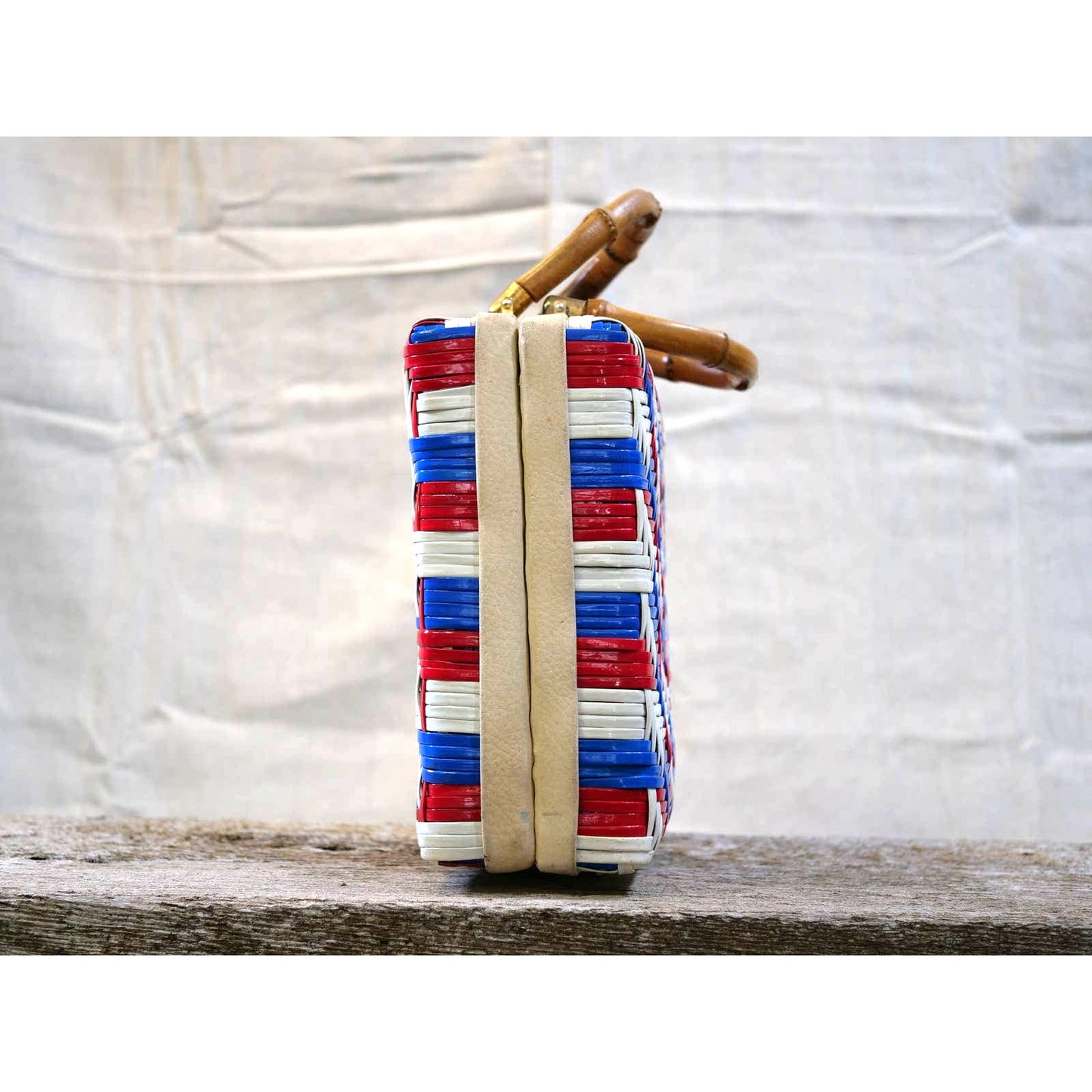 Vintage Vinyl Woven Box Bag with Bamboo Handles - Red White and Blue