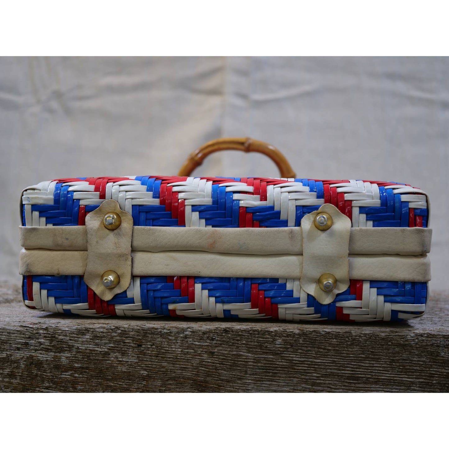 Vintage Vinyl Woven Box Bag with Bamboo Handles - Red White and Blue