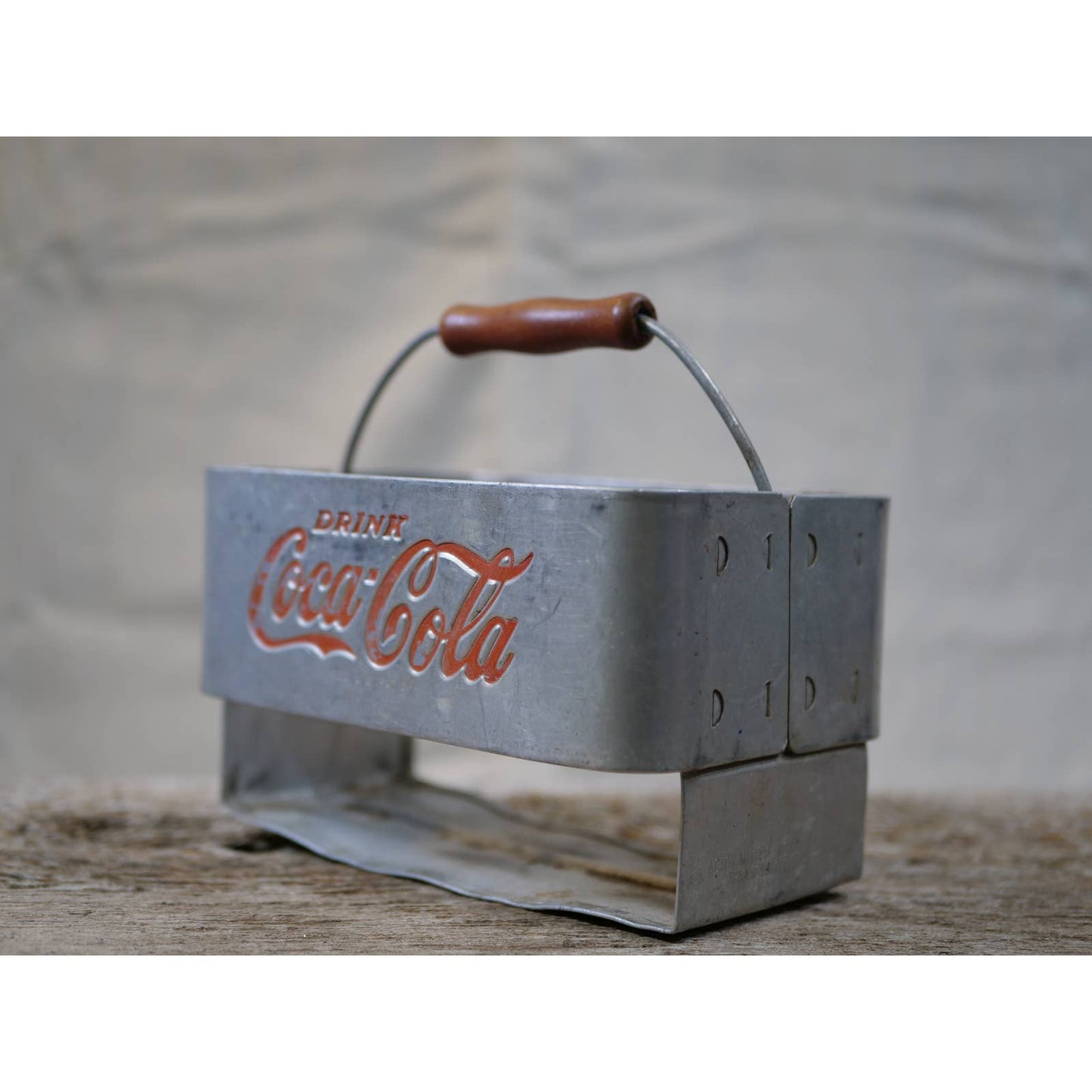 Vintage Coca-Cola Bottle Carrier - Aluminum with Red Logo and Wooden Handle