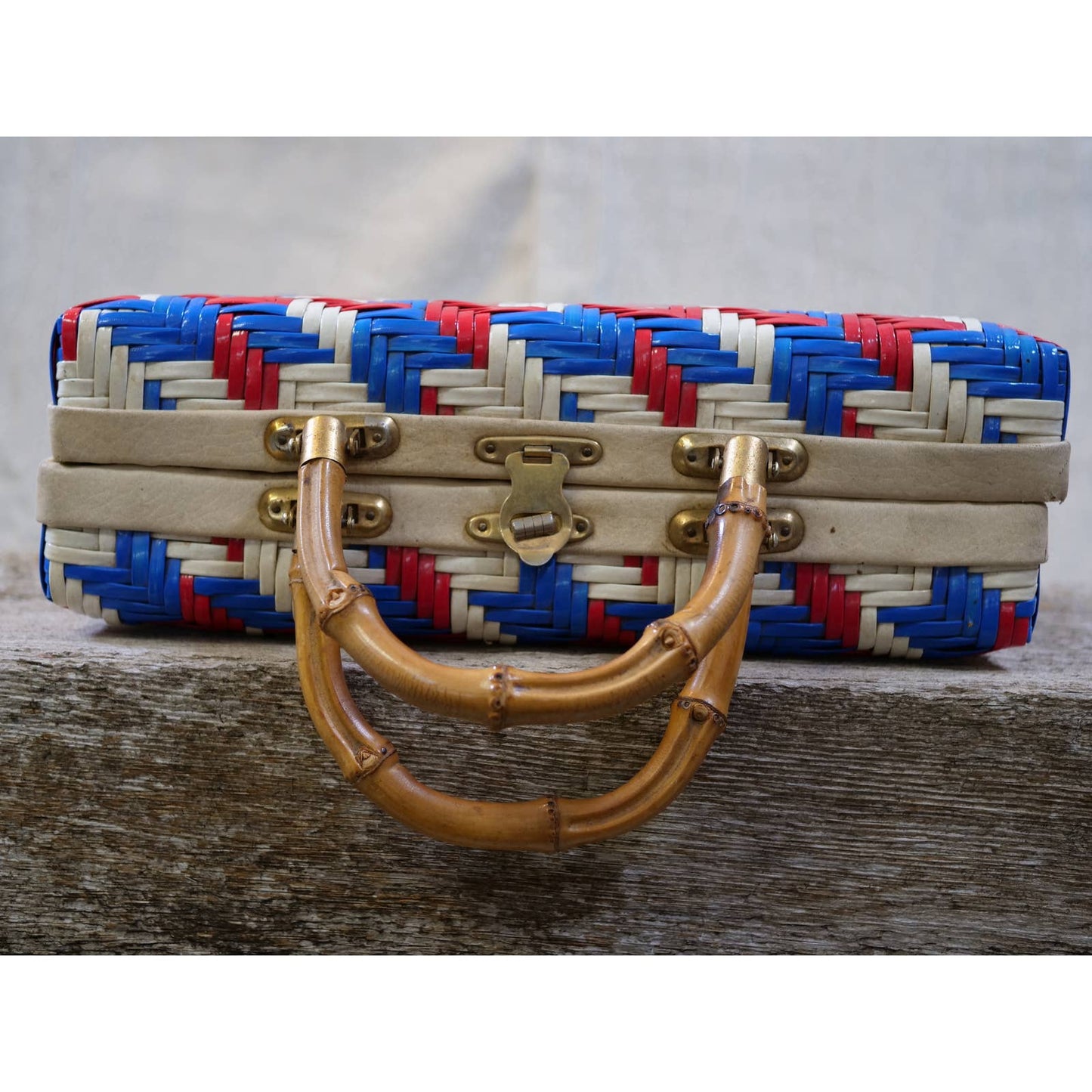 Vintage Vinyl Woven Box Bag with Bamboo Handles - Red White and Blue