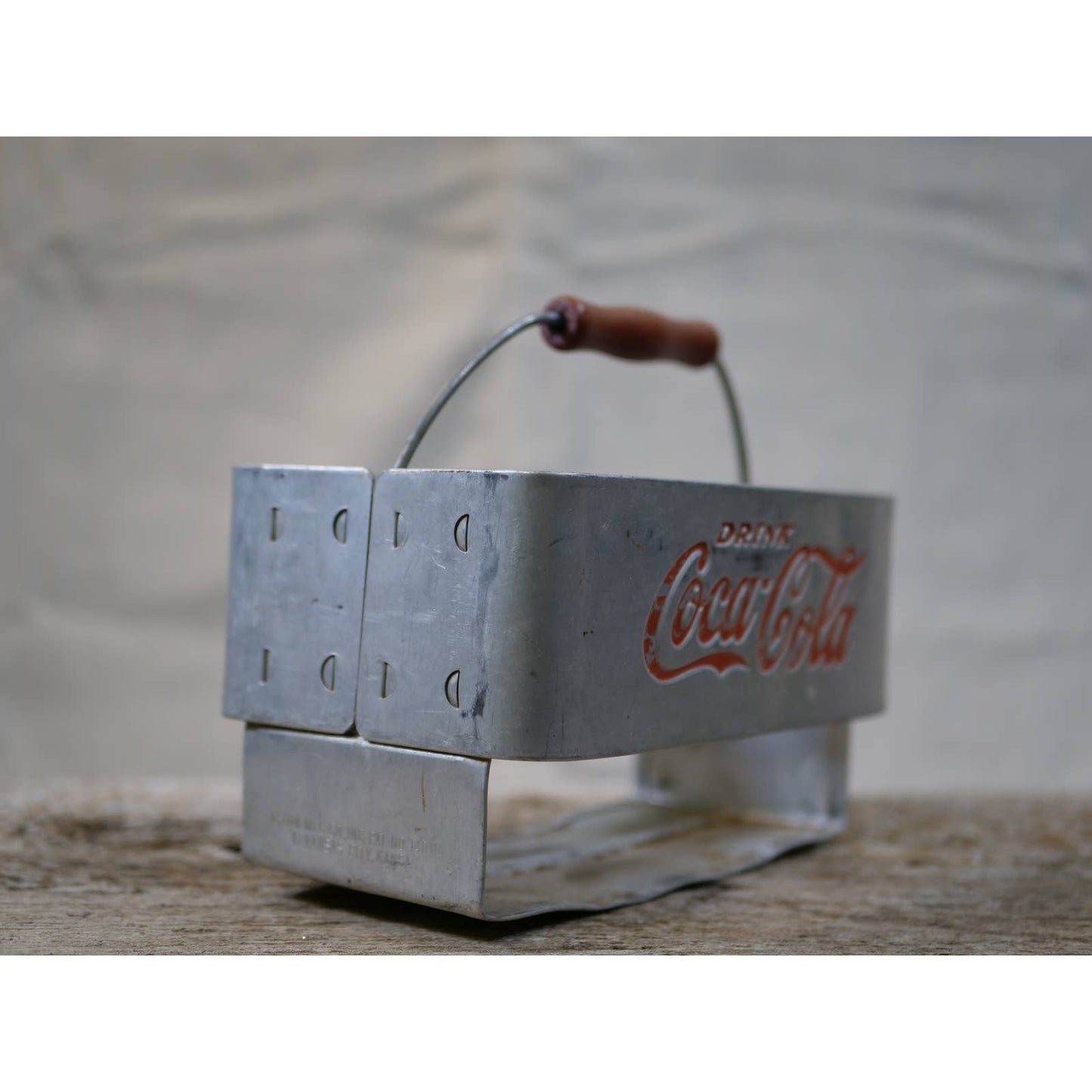 Vintage Coca-Cola Bottle Carrier - Aluminum with Red Logo and Wooden Handle