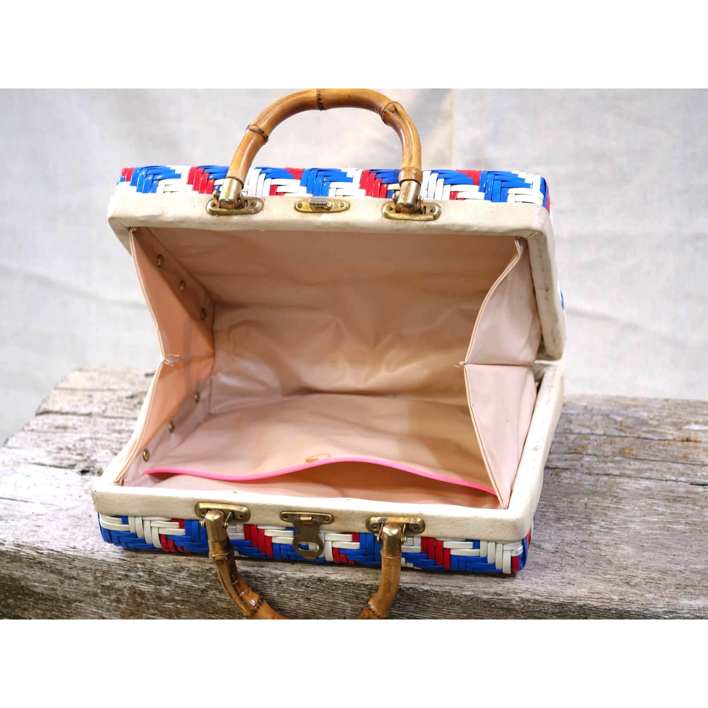 Vintage Vinyl Woven Box Bag with Bamboo Handles - Red White and Blue