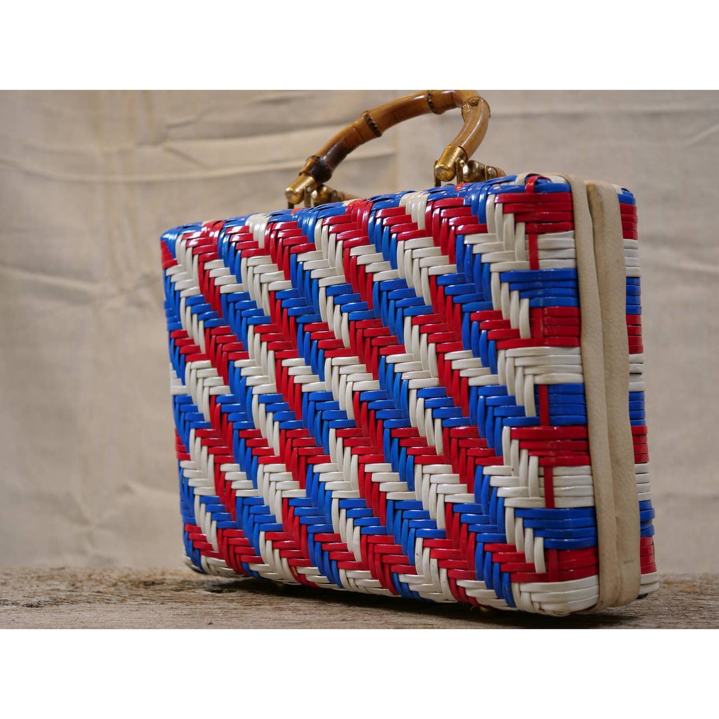 Vintage Vinyl Woven Box Bag with Bamboo Handles - Red White and Blue