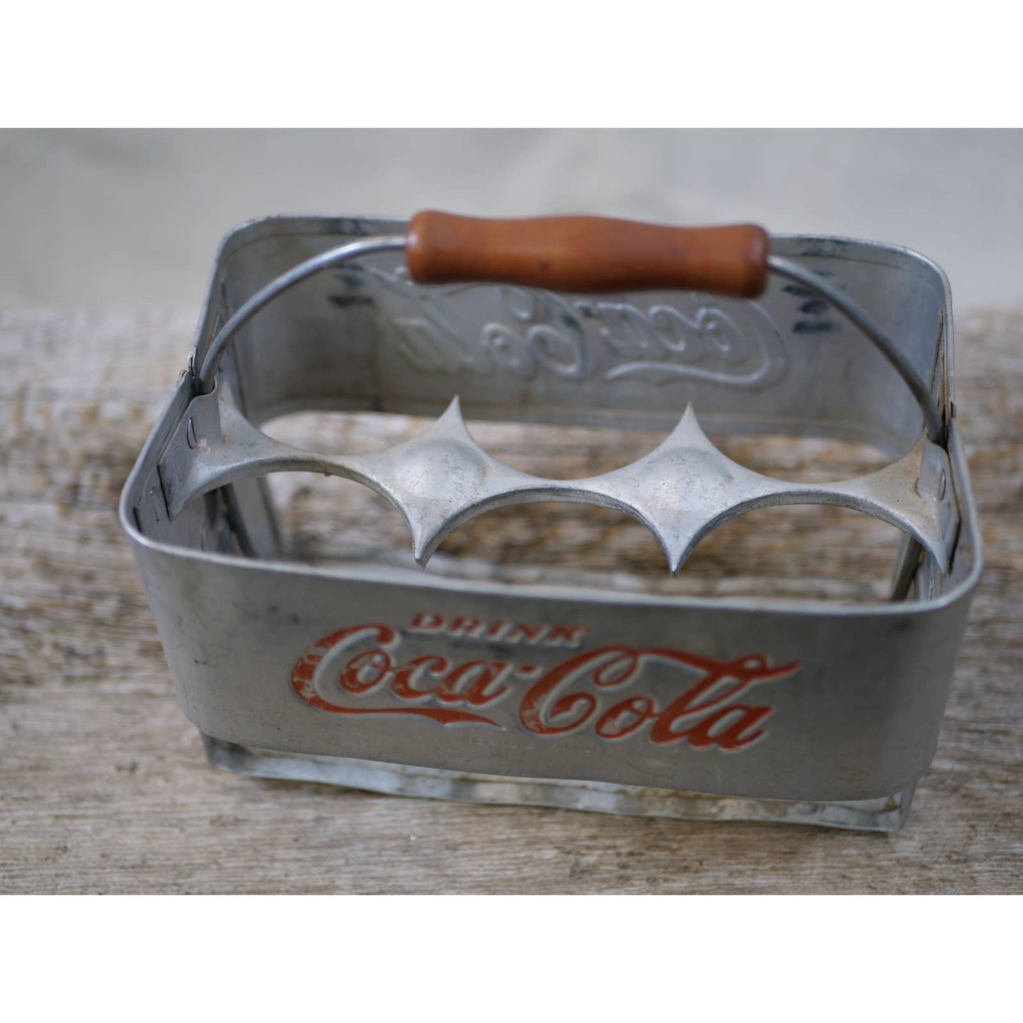 Vintage Coca-Cola Bottle Carrier - Aluminum with Red Logo and Wooden Handle